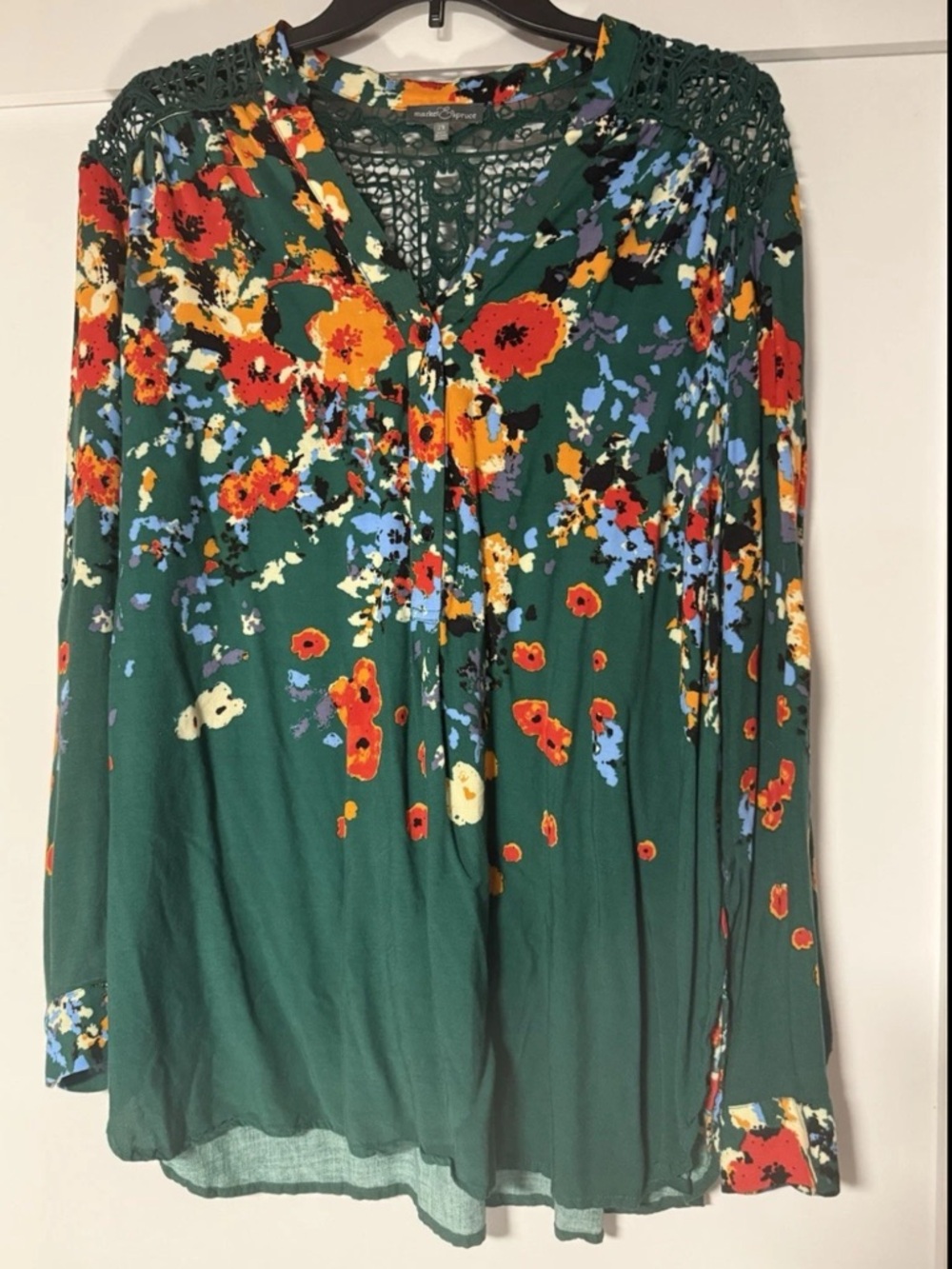 Market & Spruce Blouse 2X Green Floral Lace Yoke Boho Long Sleeve Top